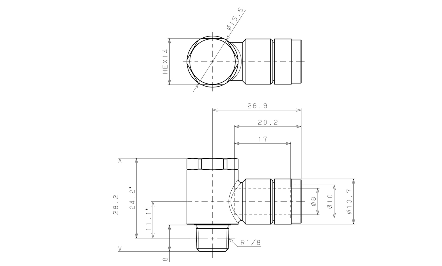 Bản vẽ kỹ thuật Đầu Nối Nhanh Khí Nén Cong 90° Đầu Lục Giác Trụ Ren Ngoài Pisco KH8-01-F