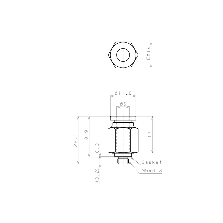 Bản vẽ kỹ thuật Đầu Nối Nhanh Khí Nén Dạng Thẳng Thân Lục Giác Ren Ngoài Pisco SPC6-M5