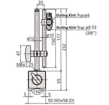 Bản vẽ kỹ thuật Đế từ tính Mitutoyo 7011S-10 (ø4mm,ø8mm,ø9.53mm)