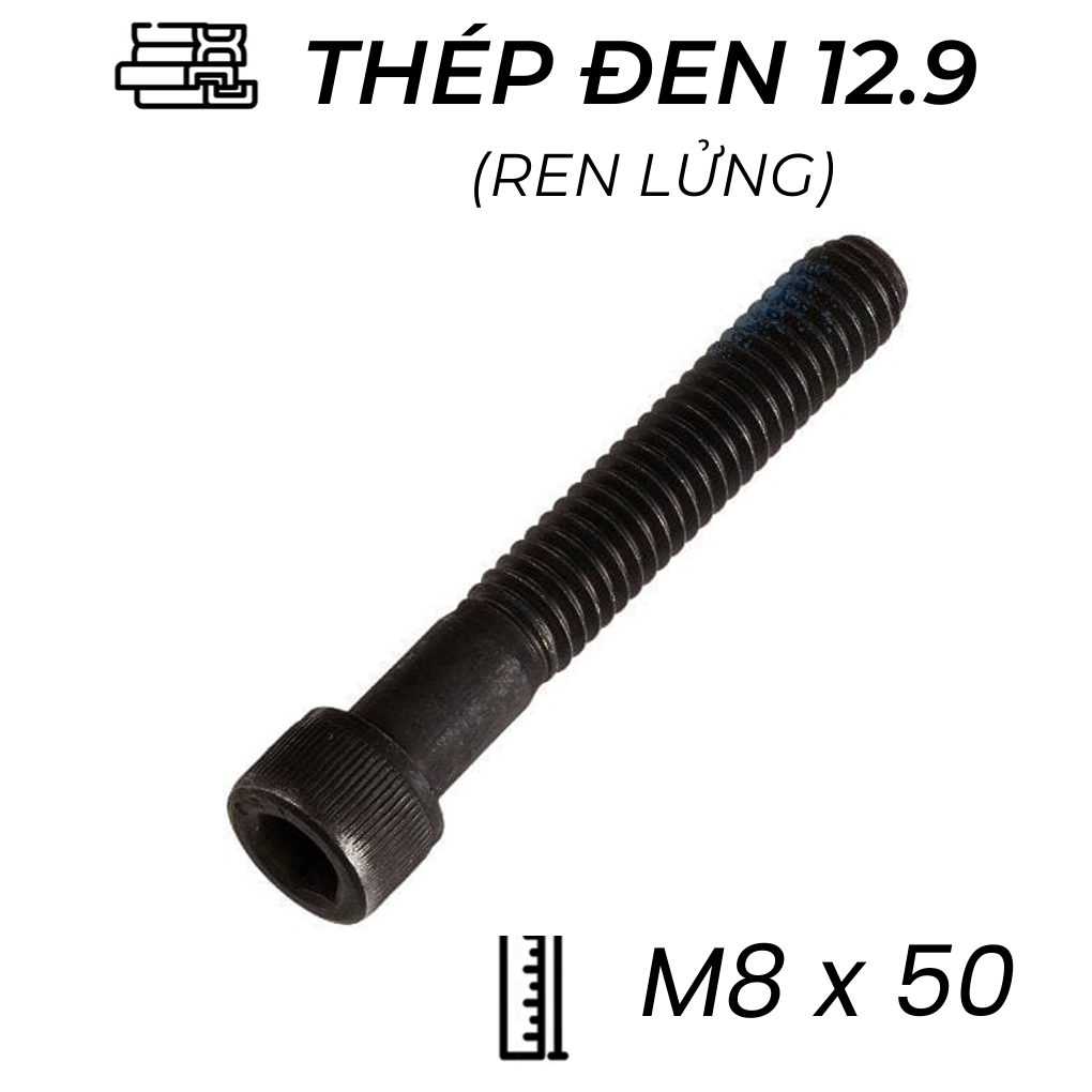 Lục Giác Chìm Đầu Trụ Thép Đen 12.9 DIN912 M8x50 Ren Lửng