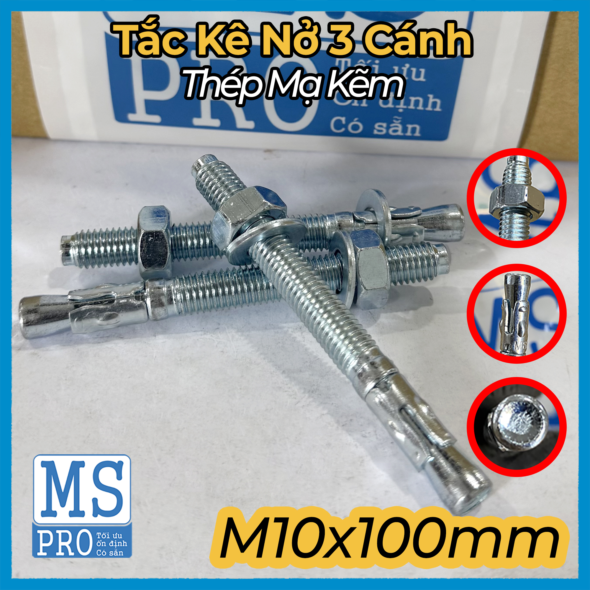 Tắc Kê Nở 3 Cánh Thép Mạ Kẽm M10x100