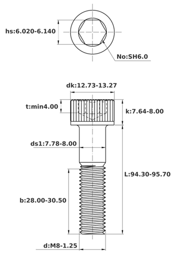 Bản vẽ kỹ thuật Lục Giác Chìm Đầu Trụ Inox 304 DIN912 M8x95 Ren Lửng