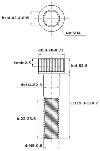 Bản vẽ kỹ thuật Lục Giác Chìm Đầu Trụ Thép Đen 12.9 DIN912 M5x120 Ren Lửng