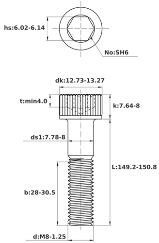 Bản vẽ kỹ thuật Lục Giác Chìm Đầu Trụ Thép Đen 12.9 DIN912 M8x150 Ren Lửng