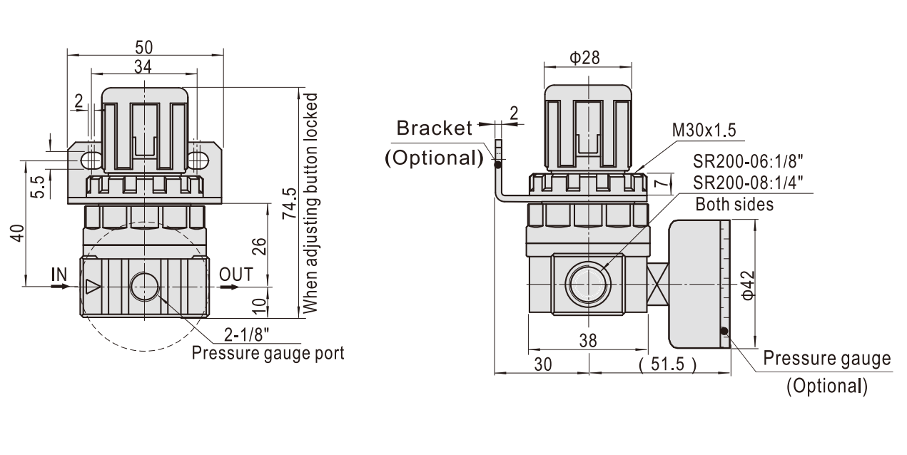 Bản vẽ kỹ thuật Van điều áp khí nén Airtac SR200-08 (Rc 1/4 inch, P max 1.0 MPa)