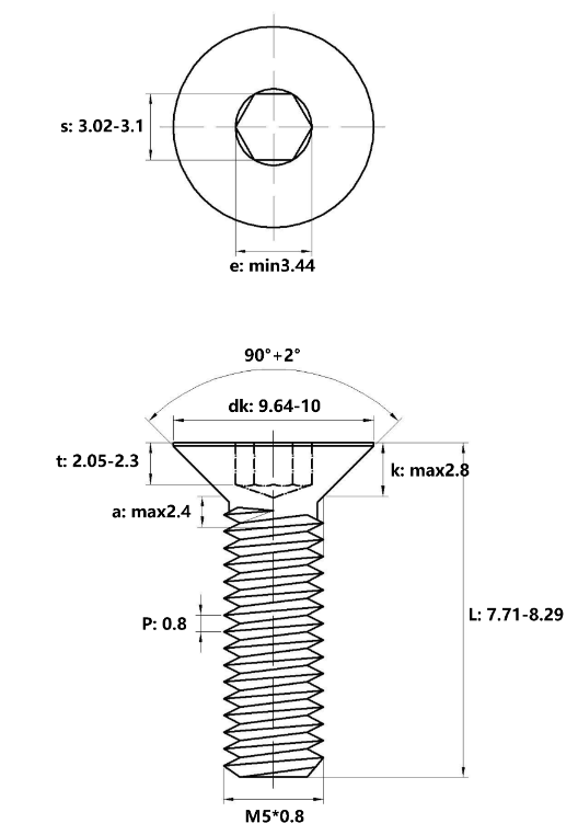Bản vẽ kỹ thuật Lục Giác Chìm Col Thép Đen 10.9 DIN7991 M5x8