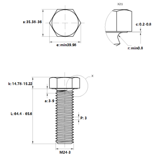 Bản vẽ kỹ thuật Bulong Thép Đen 10.9 DIN933 M24x65