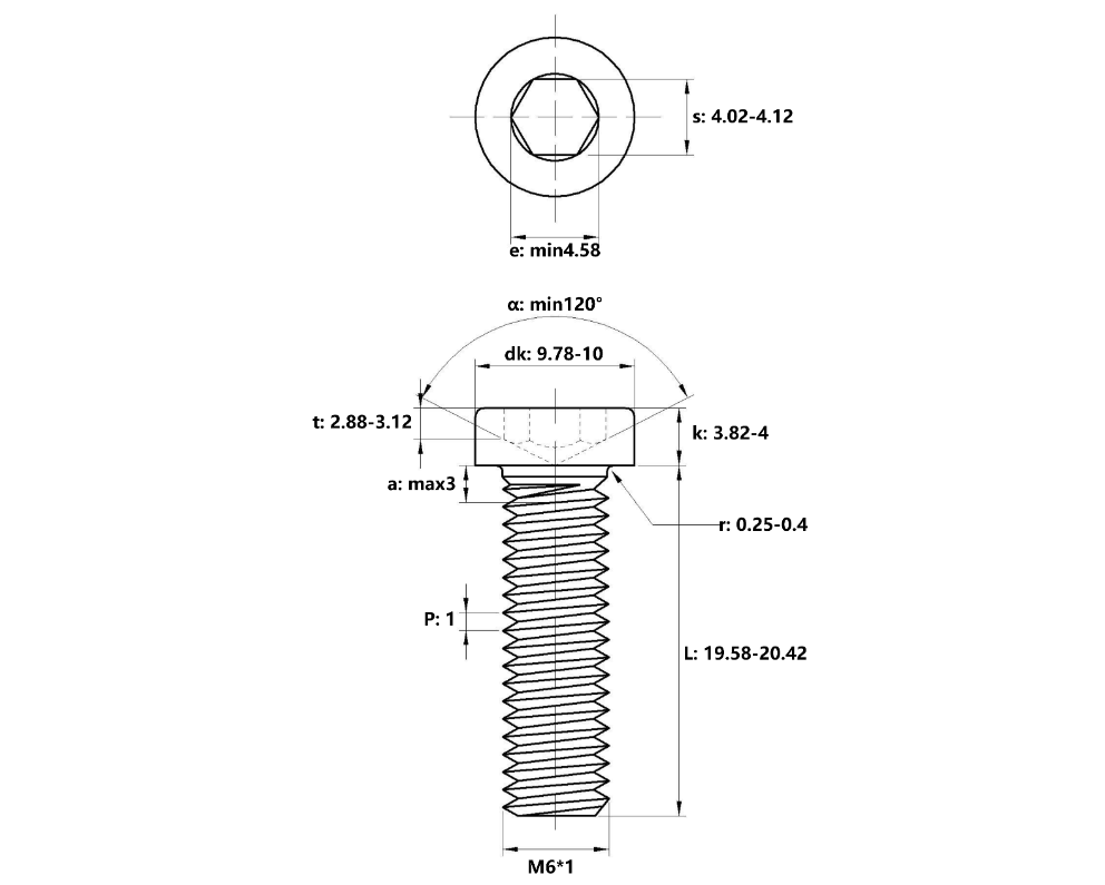 Bản vẽ kỹ thuật Lục Giác Trụ Đầu Thấp Thép Đen 12.9 DIN7984 M6x20