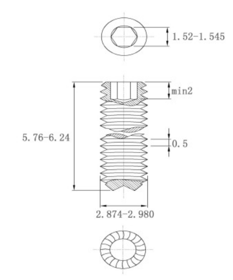Bản vẽ kỹ thuật Vít Trí Đuôi Lõm Có Khía Thép Đen 12.9 DIN916K M3x6