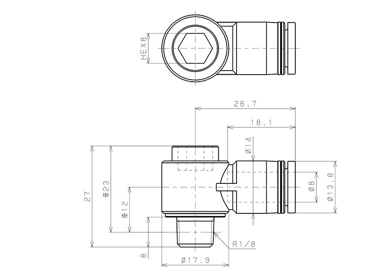 Bản vẽ kỹ thuật Đầu Nối Nhanh Khí Nén Dạng Cong 90° Đầu Lục Giác Chìm Ren Ngoài Pisco POL8-01W
