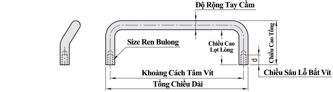 Bản vẽ kỹ thuật Tay Nắm Cửa Chữ U Dạng Offset Inox 304 Đánh Bóng Phi 8 mm x L 100 mm (UHFNSC100)
