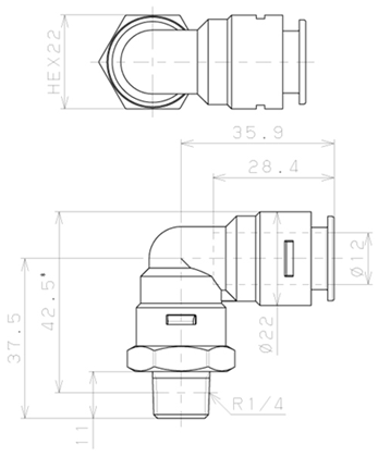 Bản vẽ kỹ thuật Đầu Nối Nhanh Khí Nén Dạng Cong 90° Ren Ngoài Pisco APL12-02-TP-C