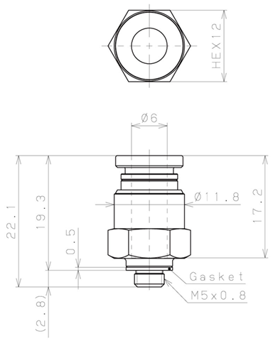 Bản vẽ kỹ thuật Đầu Nối Nhanh Khí Nén Dạng Thẳng Thân Lục Giác Ren Ngoài Pisco KC6-M5-1