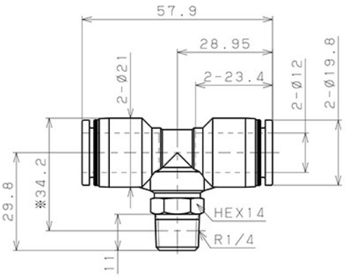 Bản vẽ kỹ thuật Đầu Nối Nhanh Khí Nén Chữ T Phi 12mm Ren Ngoài R1/4 Pisco PB12-02