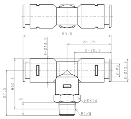 Bản vẽ kỹ thuật Đầu Nối Nhanh Khí Nén Dạng Chữ T Ren Ngoài Pisco APB8-01-N