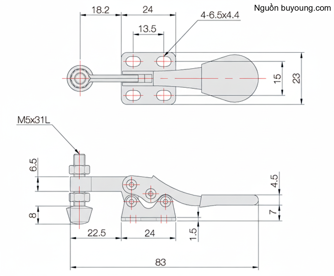 Bản vẽ kỹ thuật Kẹp Định Vị Thép Không Gỉ (30KG) Buyoung 003-25FS-L