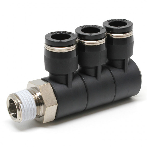Đầu Nối Nhanh Khí Nén Ba Nhánh Cong 90° Thân Lục Giác Trụ Ren Ngoài Pisco PHT8-02-UC