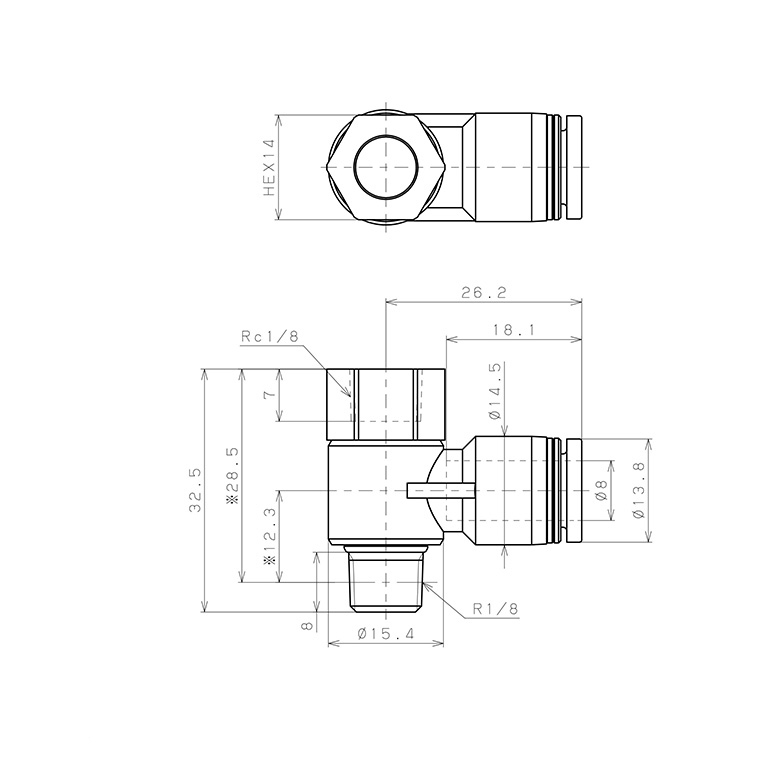 Bản vẽ kỹ thuật Đầu Nối Nhanh Khí Nén Cong 90° Đầu Lục Giác Trụ Ren Đực Cái Pisco PHF8-01W