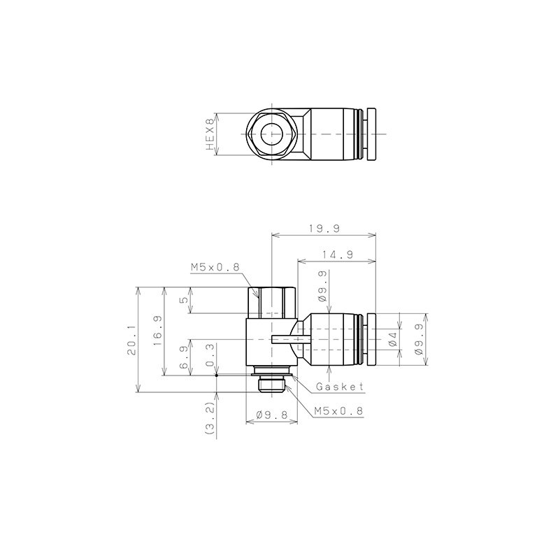Bản vẽ kỹ thuật Đầu Nối Nhanh Khí Nén Cong 90° Đầu Lục Giác Trụ Ren Đực Cái Pisco PHF4-M5-C