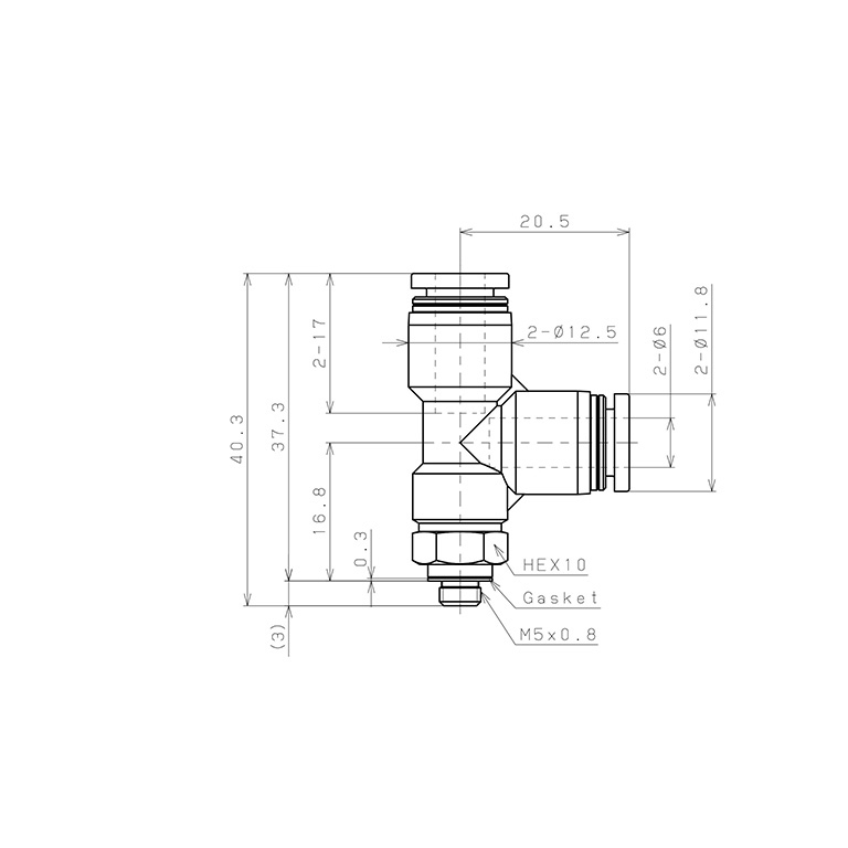 Bản vẽ kỹ thuật Đầu Nối Nhanh Khí Nén Dạng Chữ T Ren Ngoài Pisco PD6-M5-C