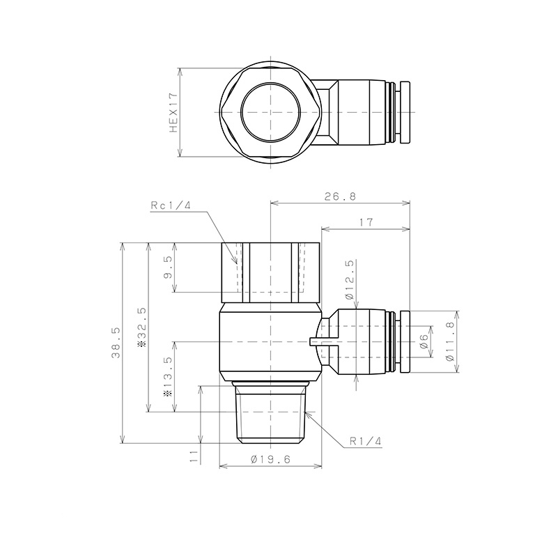 Bản vẽ kỹ thuật Đầu Nối Nhanh Khí Nén Cong 90° Đầu Lục Giác Trụ Ren Đực Cái Pisco PHF6-02