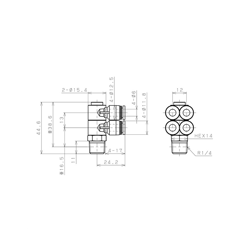 Bản vẽ kỹ thuật Đầu Nối Nhanh Khí Nén Bốn Nhánh Cong 90° Thân Lục Giác Trụ Ren Ngoài Pisco PAW6-02W