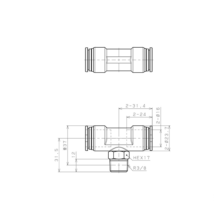 Bản vẽ kỹ thuật Đầu Nối Nhanh Khí Nén Dạng Chữ T Ren Ngoài Pisco SSPB16-03-TP-C