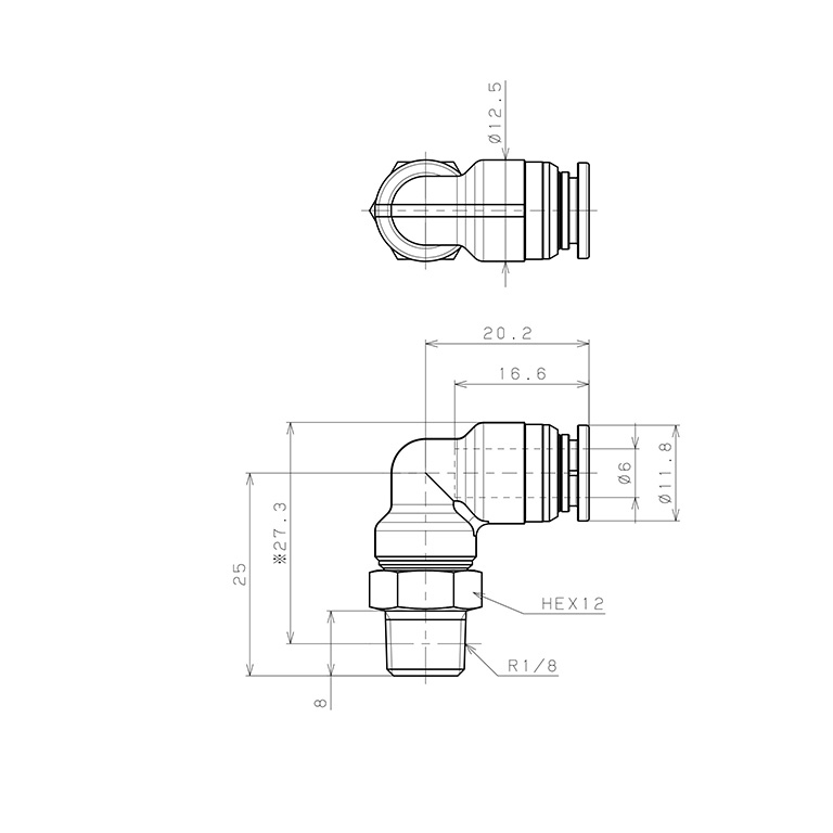 Bản vẽ kỹ thuật Đầu Nối Nhanh Khí Nén Dạng Cong 90° Ren Ngoài Pisco KL6-01-1-F