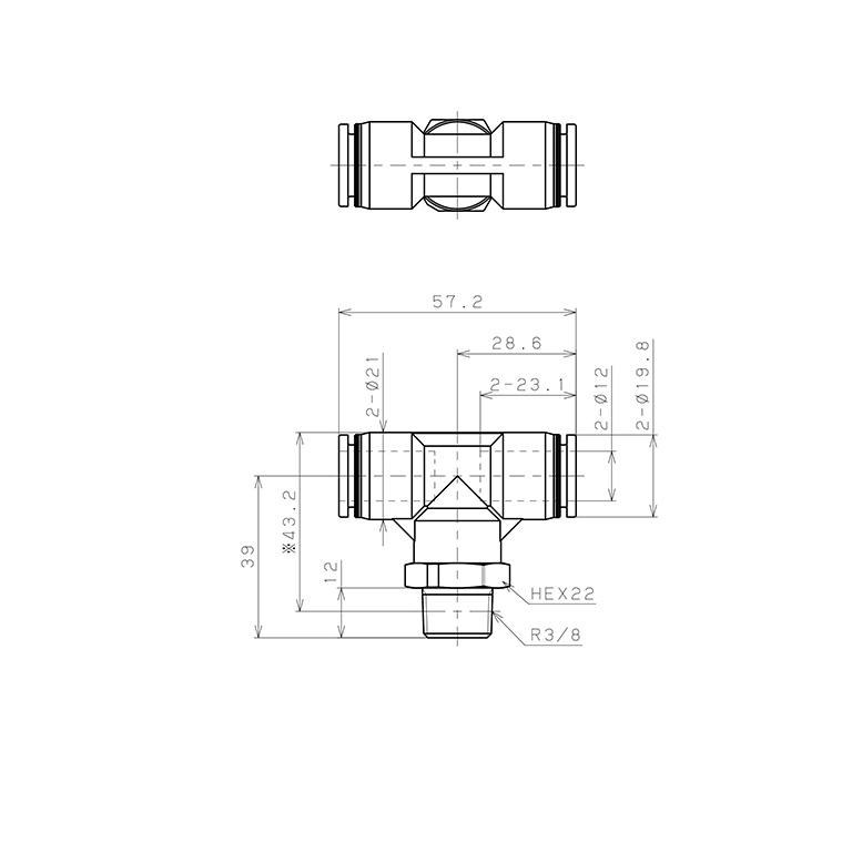 Bản vẽ kỹ thuật Đầu Nối Nhanh Khí Nén Dạng Chữ T Ren Ngoài Pisco PPB12-03-HN