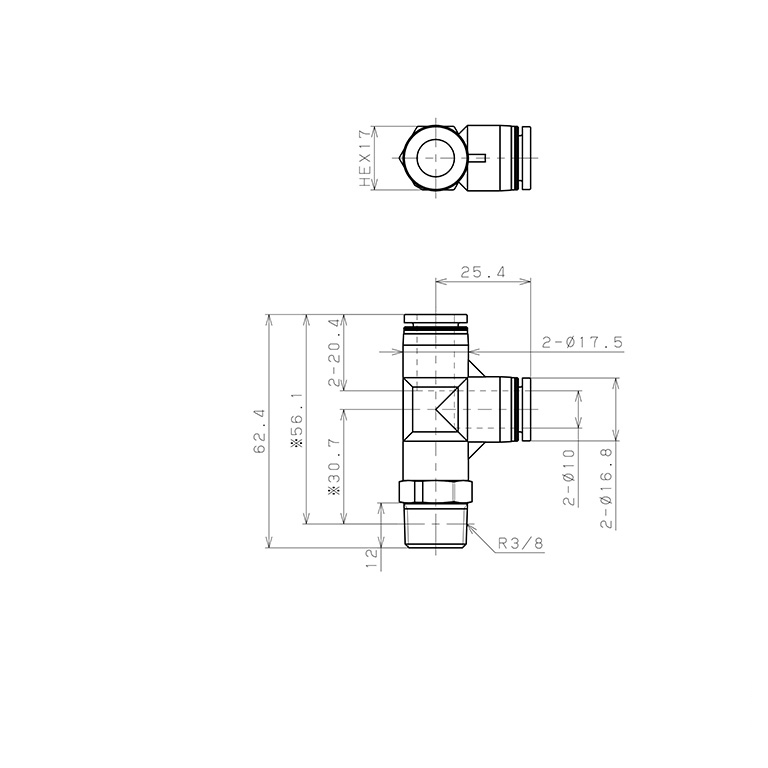 Bản vẽ kỹ thuật Đầu Nối Nhanh Khí Nén Dạng Chữ T Ren Ngoài Pisco PPD10-03-TP
