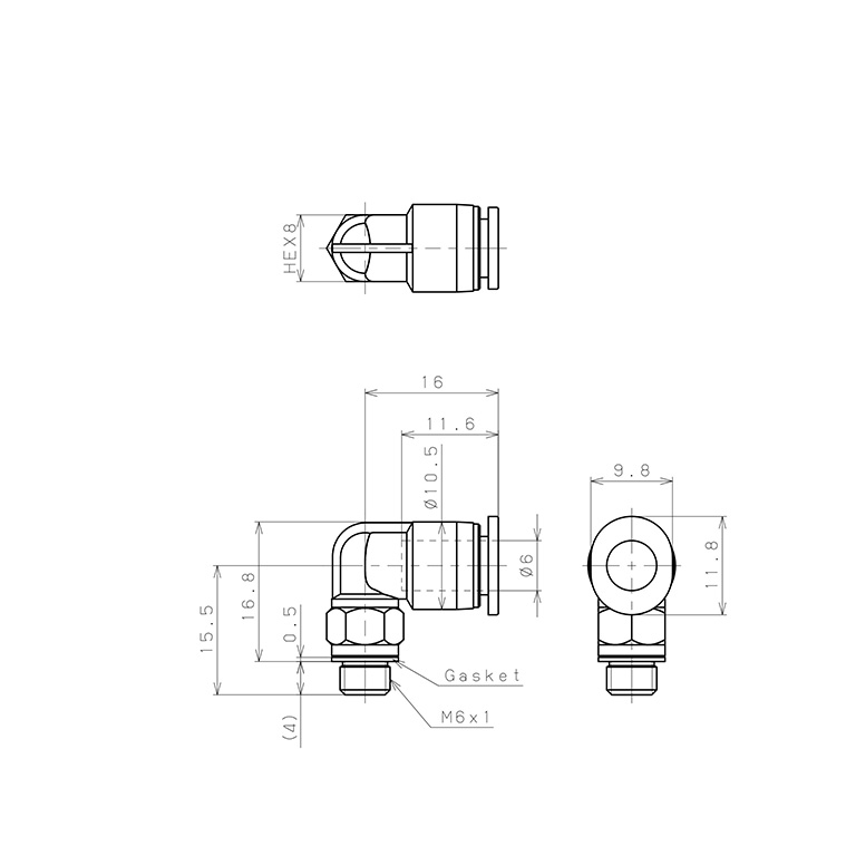 Bản vẽ kỹ thuật Đầu Nối Nhanh Khí Nén Dạng Cong 90° Ren Ngoài Pisco PL6-M6M-C