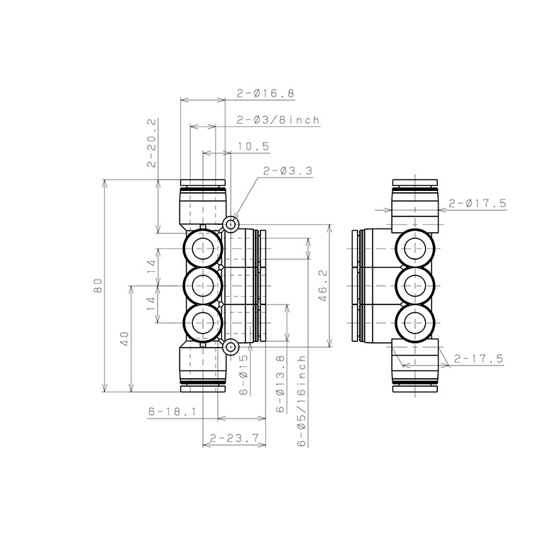 Bản vẽ kỹ thuật Đầu Nối Nhanh Khí Nén Chữ T 8 Ngã Dạng Nối Giảm Pisco PKVG3/8-5/16-C