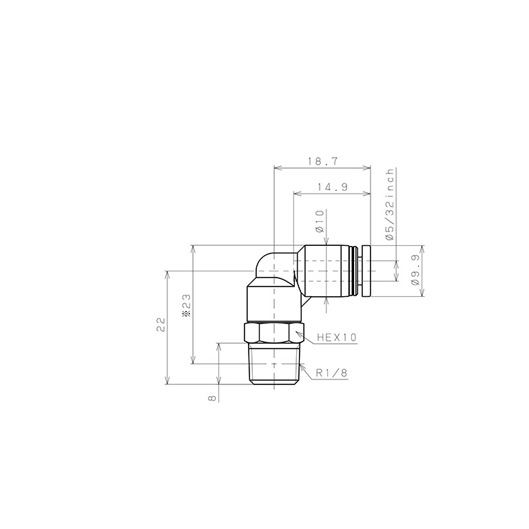 Bản vẽ kỹ thuật Đầu Nối Nhanh Khí Nén Dạng Cong 90° Ren Ngoài Pisco PL5/32-01-C
