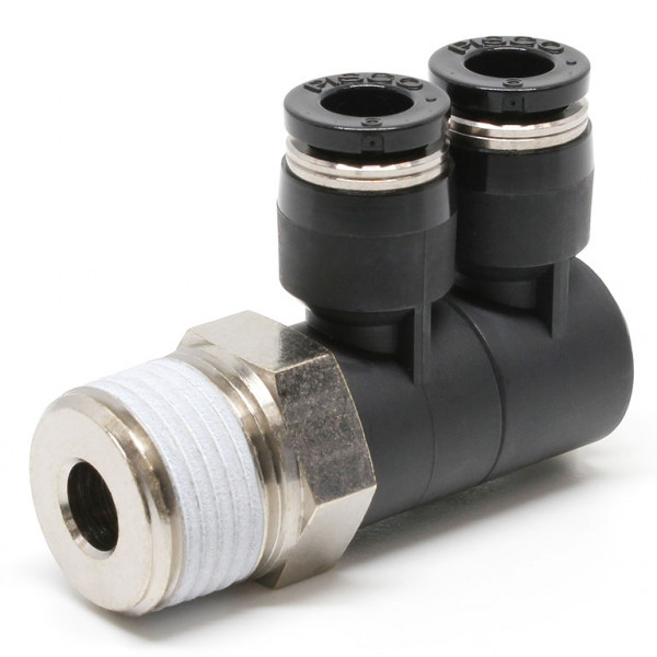 Đầu Nối Nhanh Khí Nén Hai Nhánh Cong 90° Thân Lục Giác Trụ Ren Ngoài Pisco PHW6-03