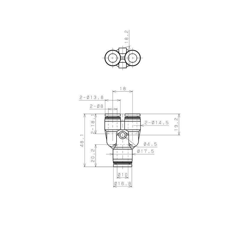 Bản vẽ kỹ thuật Đầu Nối Nhanh Khí Nén Chữ Y Dạng Nối Giảm Pisco PW10-8W-C