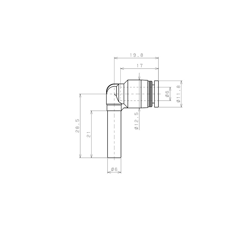 Bản vẽ kỹ thuật Đầu Nối Nhanh Khí Nén Giữa Ống Khí Và Fitting Dạng Cong 90° Pisco PLJ6-UC