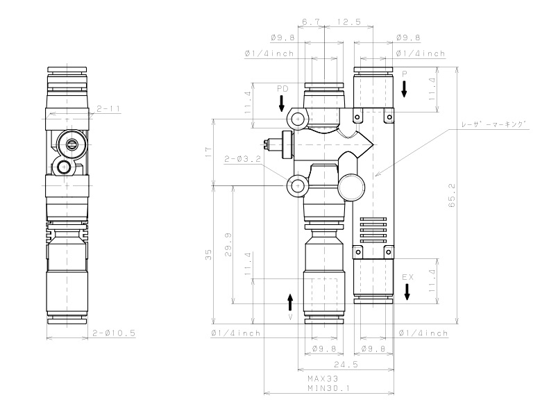 Bản vẽ kỹ thuật Bộ Tạo Chân Không Dòng VY Pisco VYL07-1/4-1/4-1/4JF