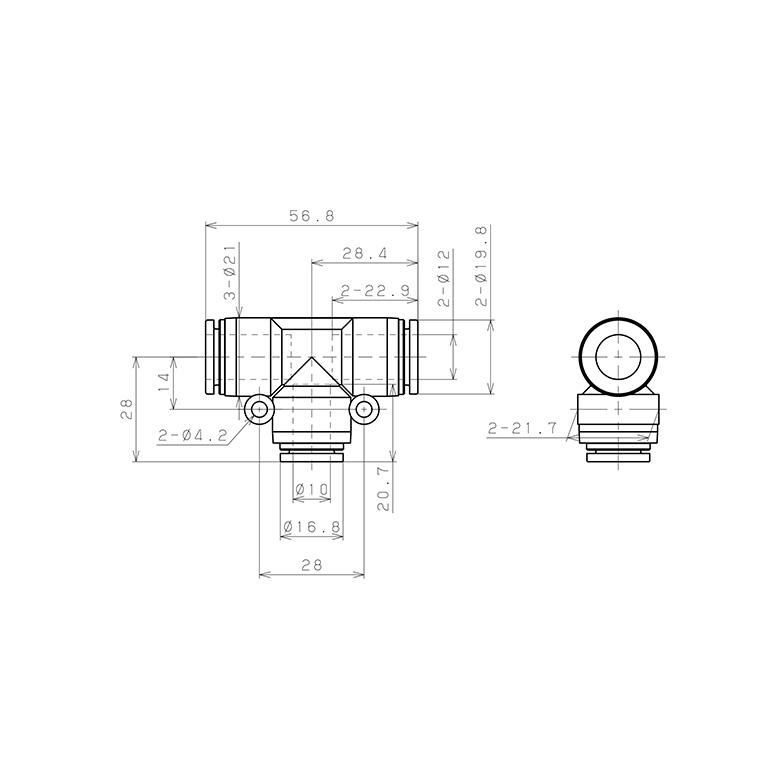 Bản vẽ kỹ thuật Đầu Nối Nhanh Khí Nén Chữ T Dạng Nối Giảm Pisco SPPEG12-10