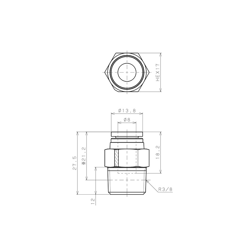Bản vẽ kỹ thuật Đầu Nối Nhanh Khí Nén Dạng Thẳng Thân Lục Giác Ren Ngoài Pisco SPPC8-03