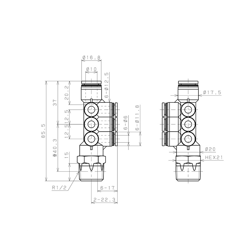 Bản vẽ kỹ thuật Đầu Nối Nhanh Khí Nén Dạng Chữ T Sáu Nhánh Ren Ngoài Pisco PKVD10-6-04