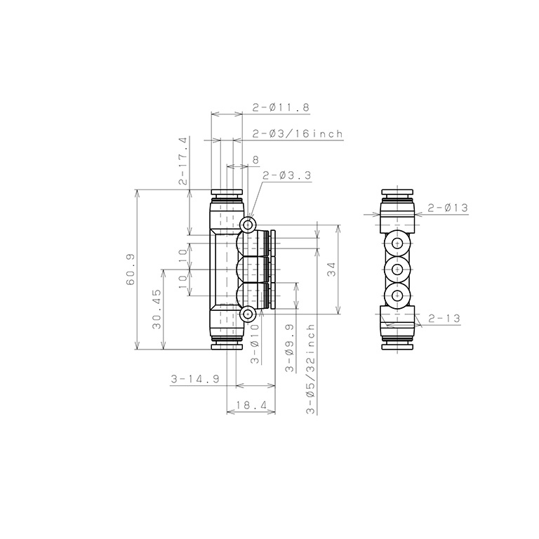 Bản vẽ kỹ thuật Đầu Nối Nhanh Khí Nén Chữ T 5 Ngã Dạng Nối Giảm Pisco PKG3/16-5/32