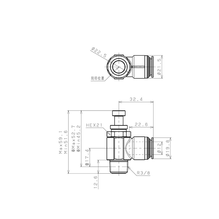 Bản vẽ kỹ thuật Van Tiết Lưu Khí Nén Bằng Đồng Mạ Niken Pisco KJSC12-03B-1