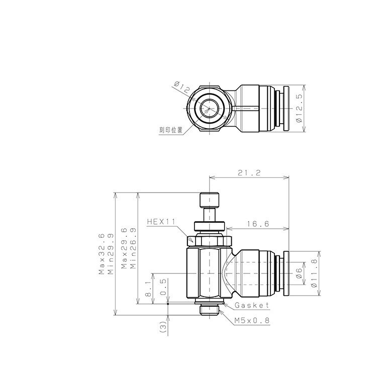 Bản vẽ kỹ thuật Van Tiết Lưu Khí Nén Bằng Đồng Mạ Niken Pisco KJSC6-M5A-1