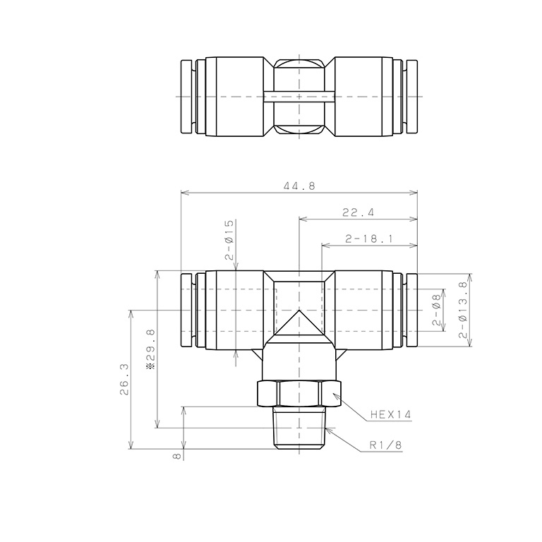 Bản vẽ kỹ thuật Đầu Nối Nhanh Khí Nén Dạng Chữ T Ren Ngoài Pisco SPB8-01