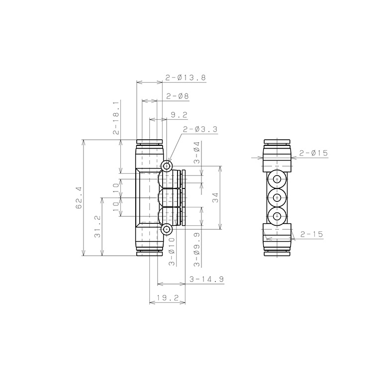 Bản vẽ kỹ thuật Đầu Nối Nhanh Khí Nén Chữ T 5 Ngã Dạng Nối Giảm Pisco SPKG8-4