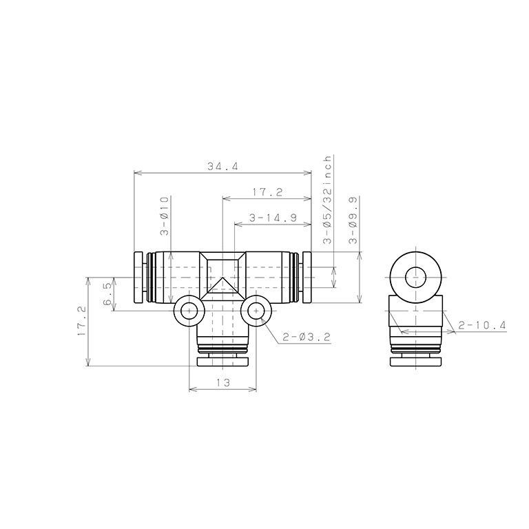 Bản vẽ kỹ thuật Đầu Nối Nhanh Khí Nén Chữ T Pisco PE5/32W