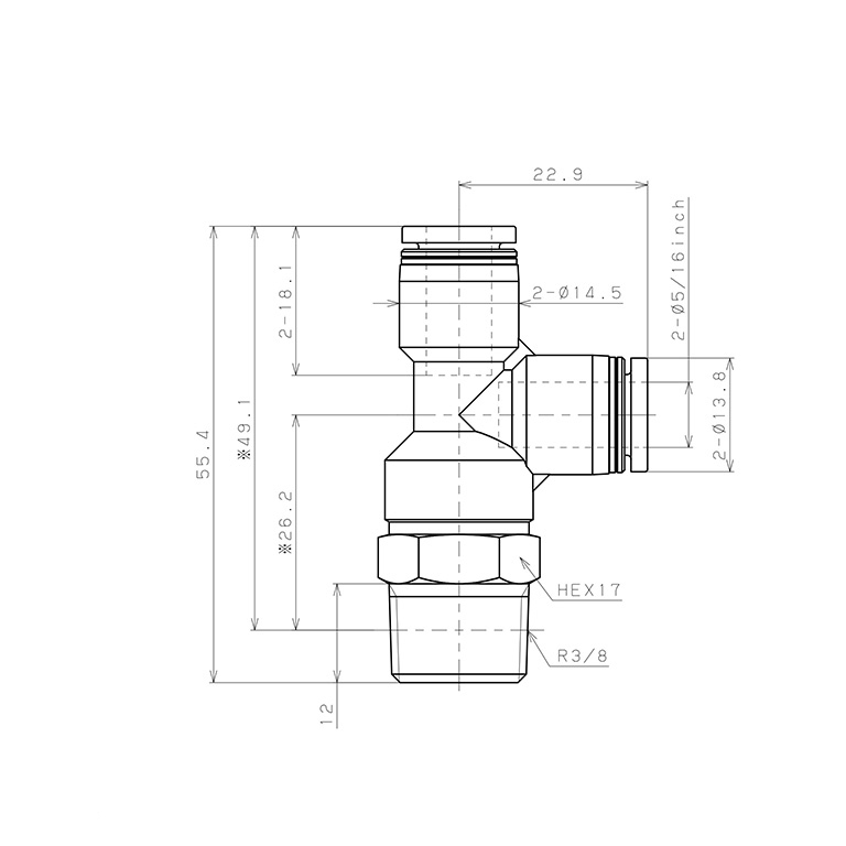 Bản vẽ kỹ thuật Đầu Nối Nhanh Khí Nén Dạng Chữ T Ren Ngoài Pisco PD5/16-03W