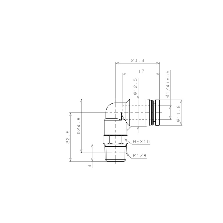 Bản vẽ kỹ thuật Đầu Nối Nhanh Khí Nén Dạng Cong 90° Ren Ngoài Pisco PL1/4-01W