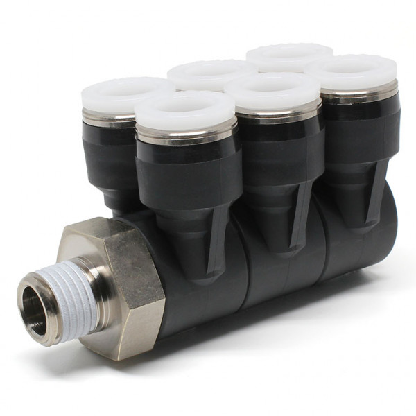 Đầu Nối Nhanh Khí Nén Sáu Nhánh Cong 90° Thân Lục Giác Trụ Ren Ngoài Pisco PAT3/8-02