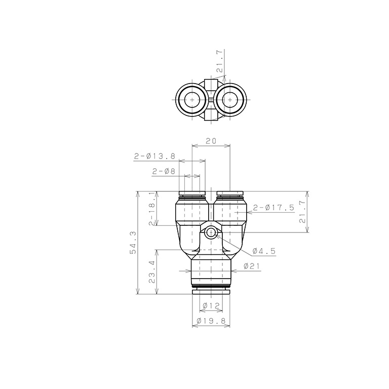 Bản vẽ kỹ thuật Đầu Nối Nhanh Khí Nén Chữ Y Dạng Nối Giảm Pisco PW12-8-C